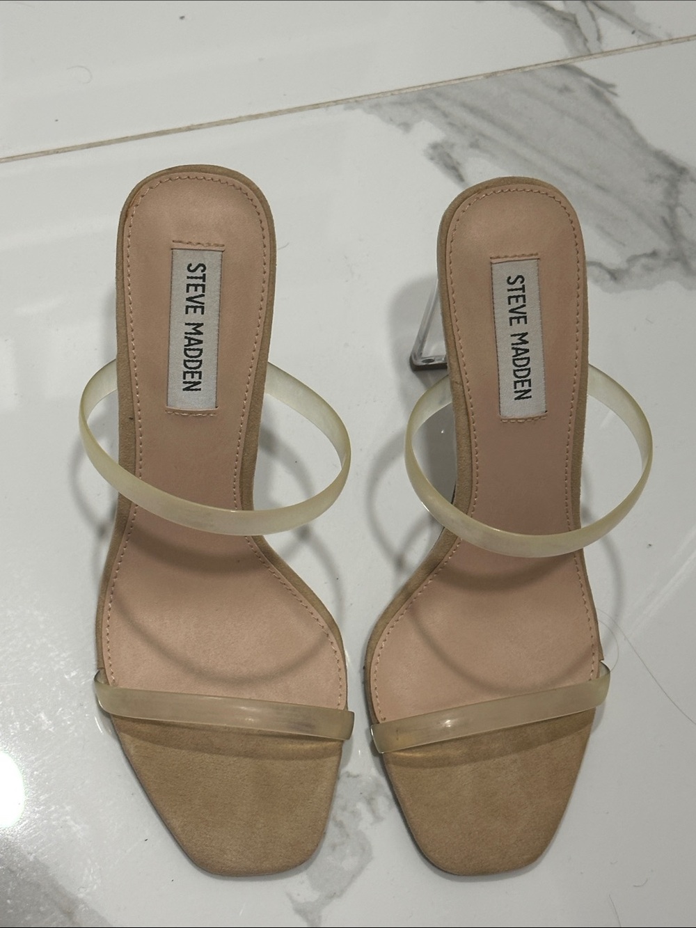 Steve Madden Beige Nude Clear-Strap Block Heel Sandals